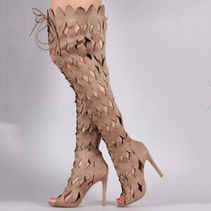 Gladiator Thigh High  SUEDE Stilettos  Boots Open Toe / CUT OUTS